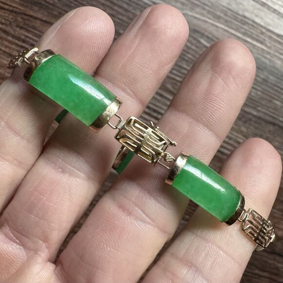 Vintage 14K SOLID GOLD and Green Jadeite Panel Link Bracelet 9.3g, 14kt Yellow - Picture 3 of 16